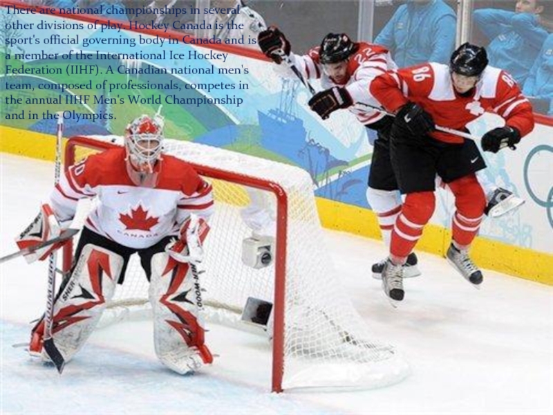 There are national championships in several other divisions of play. Hockey Canada is the sport's official governing