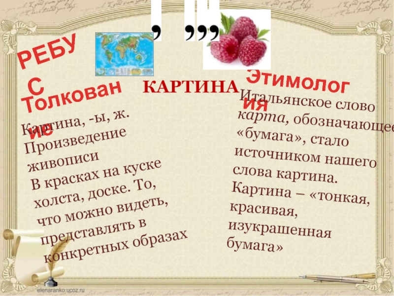 ТолкованиеЭтимологияИтальянское слово карта, обозначающее «бумага», стало источником нашего слова картина. Картина – «тонкая, красивая, изукрашенная бумага» Картина,