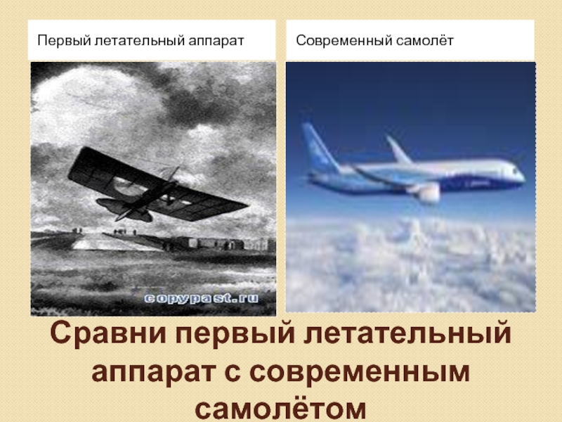 Сравни первый летательный аппарат с современным самолётомПервый летательный аппаратСовременный самолёт