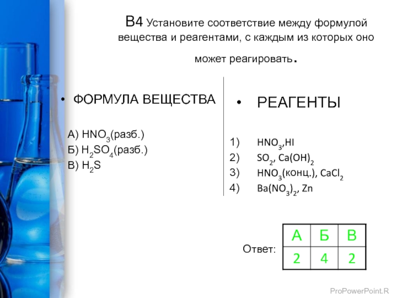 Формула вещества и реагенты