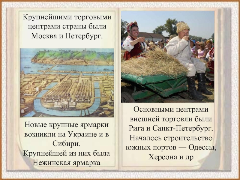 Крупнейшими торговыми центрами страны были Москва и Петербург.Новые крупные ярмарки возникли на Украине и в Сибири. Крупнейшей