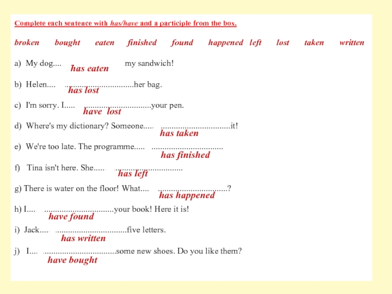 Complete each sentence with has/have and a participle from the box