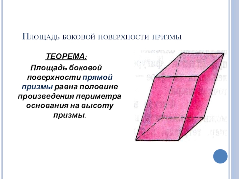 Боковая поверхность прямой призмы равна произведению. Поверхность прямой Призмы. Боковая поверхность прямой Призмы. Теорема о площади боковой поверхности Призмы. Теорема о площади боковой поверхности прямой Призмы.