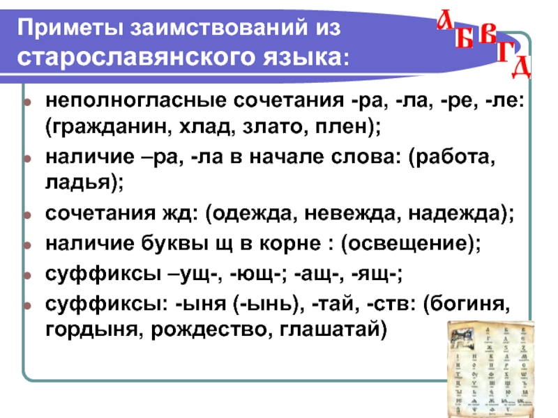 Полногласные сочетания. Слова заимствованные из старославянского языка в русский. Заимствованные слова из старославянского. Приметы заимствования. Заимствованные слова из славянских языков.