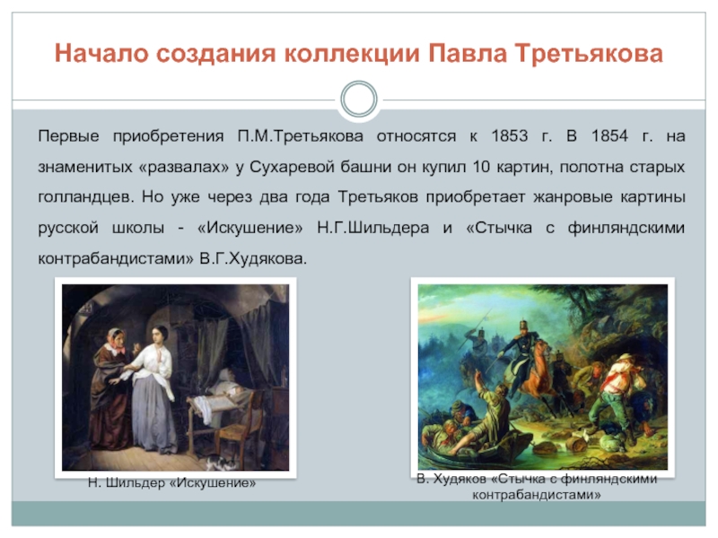 Начало создания коллекции Павла ТретьяковаПервые приобретения П.М.Третьякова относятся к 1853 г. В 1854 г. на знаменитых «развалах»