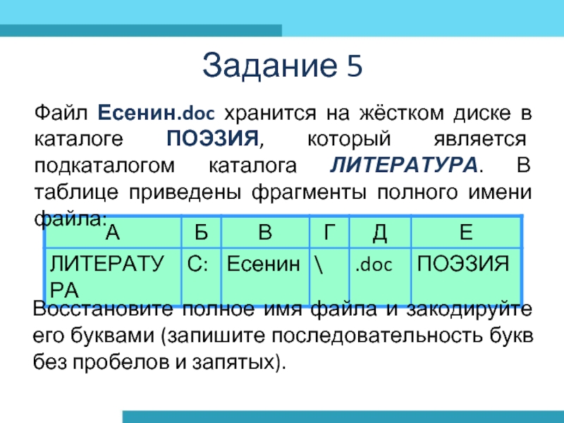 В каталоге хранится файл. Закодируйте полное имя файла буквами. Восстановите полное имя файла и закодируйте его буквами. Восстановите полное имя файла. Файл Есенин doc хранится на жестком диске в каталоге поэзия.