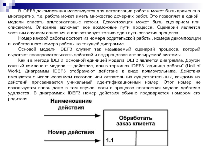 В IDEF3 декомпозиция используется для детализации работ и может быть применена многократно, т.е. работа может иметь множество