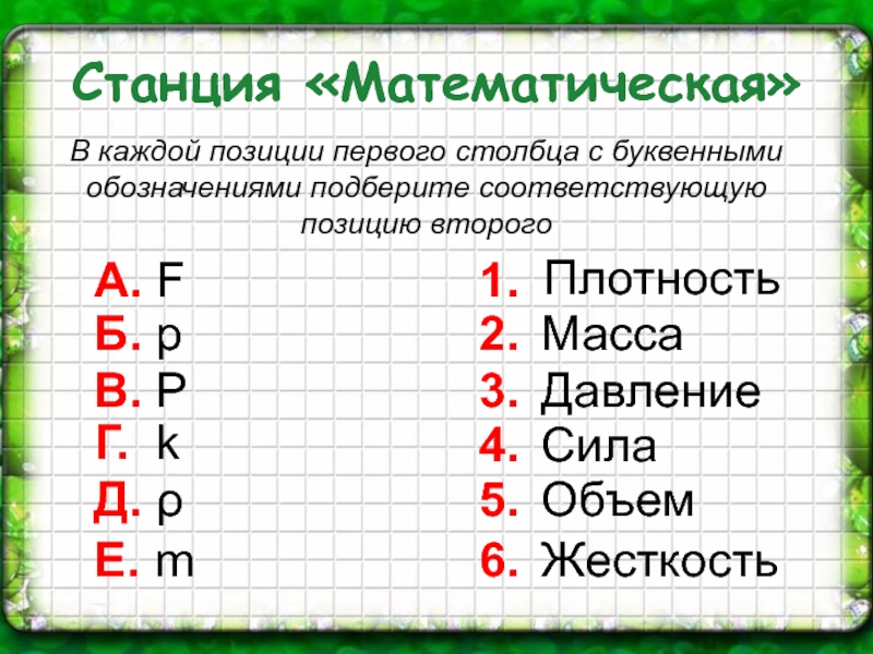 Позиции соответствующие. Сила давления буквенное обозначение. Станция математическая и буквенная.