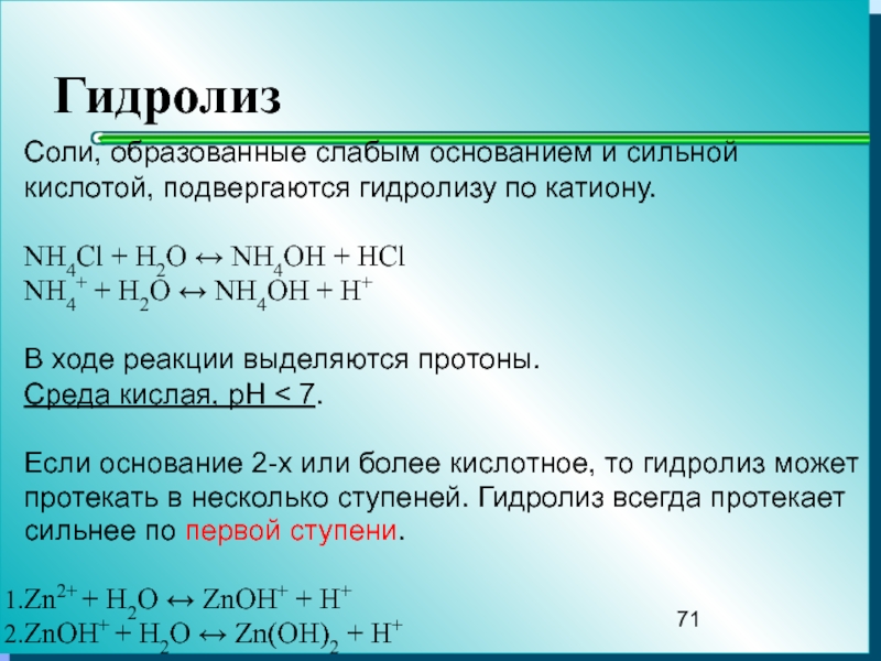 Соль образована слабым основанием и сильной кислотой