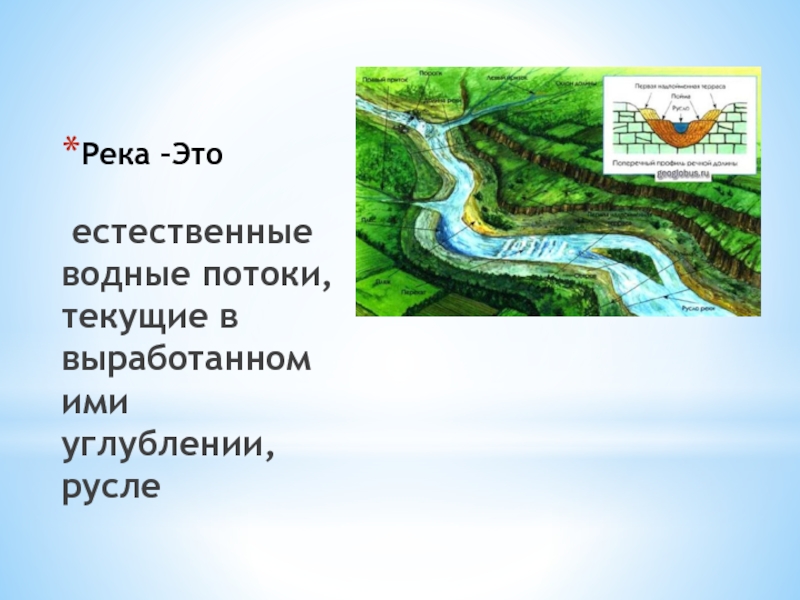 Главные реки презентация. Река это естественный Водный поток текущий. Река это определение. Слайд части реки. Части реки 6 класс.