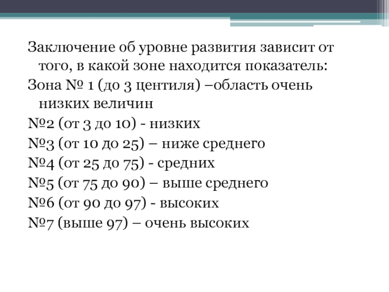 Показатели находятся. Область крайней низких показателей центиль.