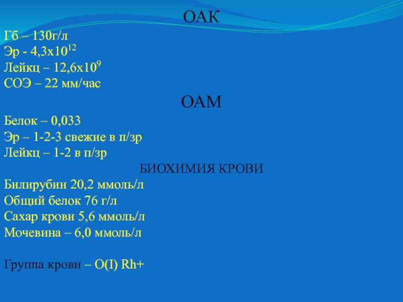 Г о л у б к а. 130 Г/Л. Х 1012/Л В 1мм3. Нв 144 г/л, Эр 4.3х1012/л, лей 9,2х109/л, э-8%, п-2%, с-20%, л-67%, м-3%, СОЭ 12 мм/час..