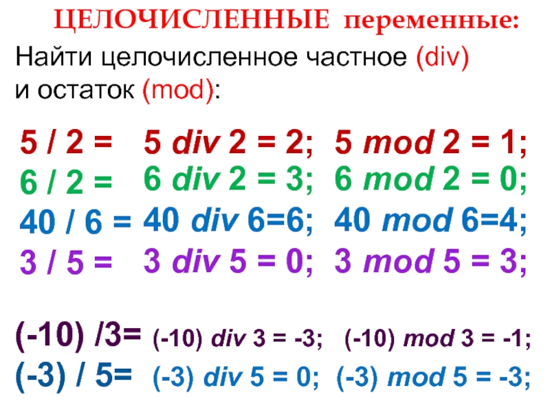 ЦЕЛОЧИСЛЕННЫЕ переменные:Найти целочисленное частное (div) и остаток (mod):5 / 2 =6 / 2 = 40 / 6