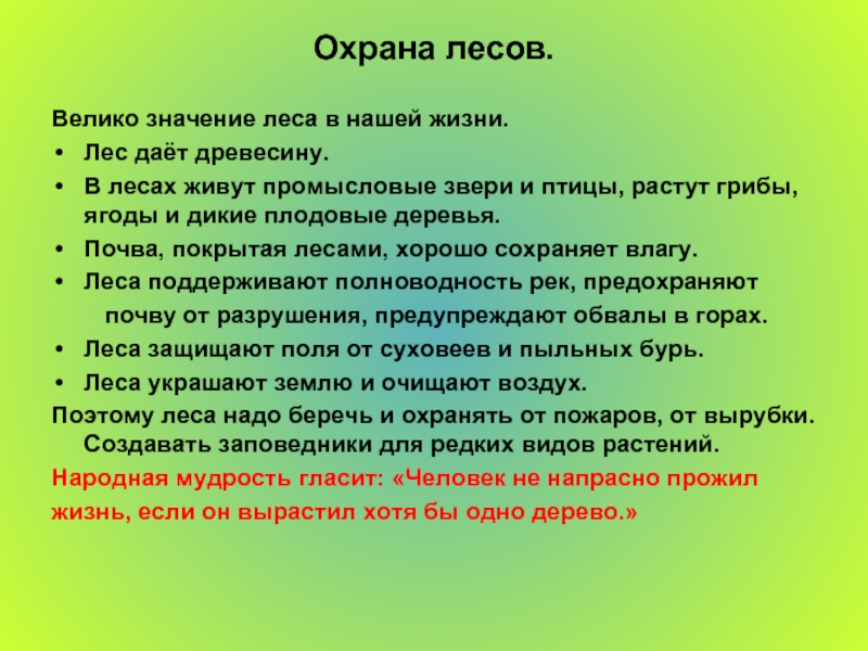 Значение леса в природе и жизни человека схема