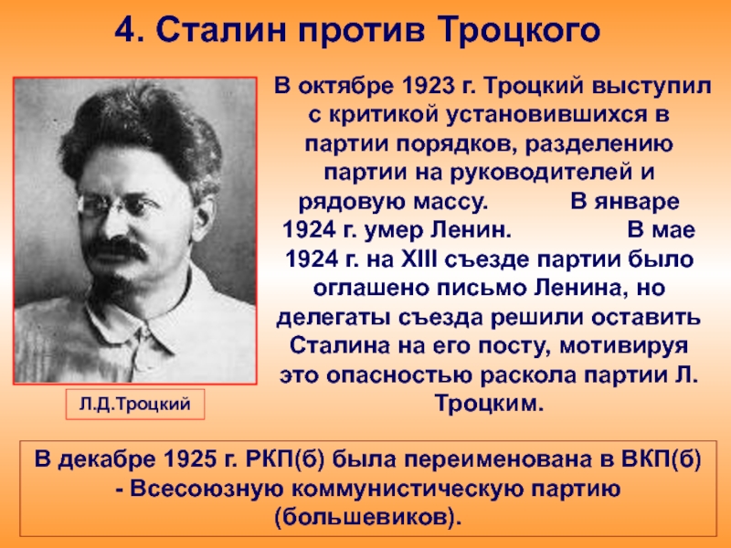 4. Сталин против ТроцкогоВ октябре 1923 г. Троцкий выступил с критикой установившихся в партии порядков, разделению партии