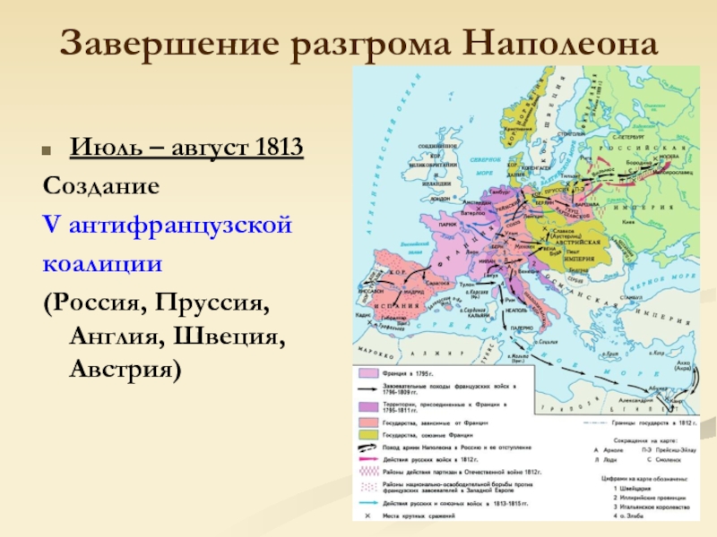 Завершение разгрома НаполеонаИюль – август 1813Создание V антифранцузскойкоалиции(Россия, Пруссия, Англия, Швеция, Австрия)