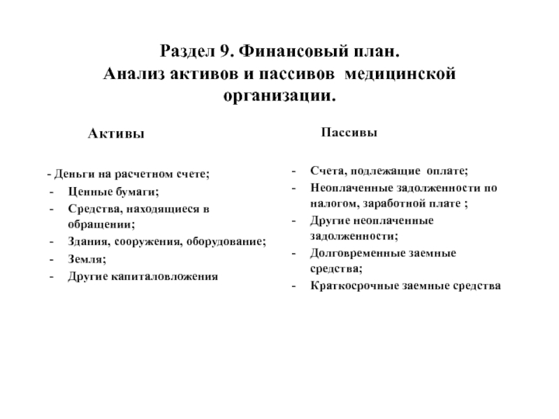 Раздел 9. Финансовый план.  Анализ активов и пассивов медицинской организации.