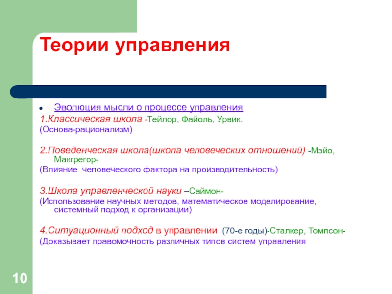 Теории управления Эволюция мысли о процессе управления1.Классическая школа -Тейлор, Файоль, Урвик. (Основа-рационализм)2.Поведенческая школа(школа человеческих отношений) -Мэйо, Макгрегор-(Влияние