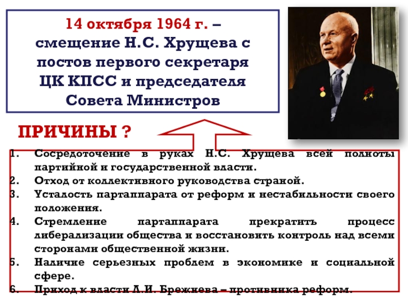 Хрущев презентация. Смещение Хрущева с поста первого секретаря ЦК КПСС. Смещение Хрущева в 1964. Причины смещения Хрущева в 1964. Смещение Хрущева в 1964 году произошло из-за.