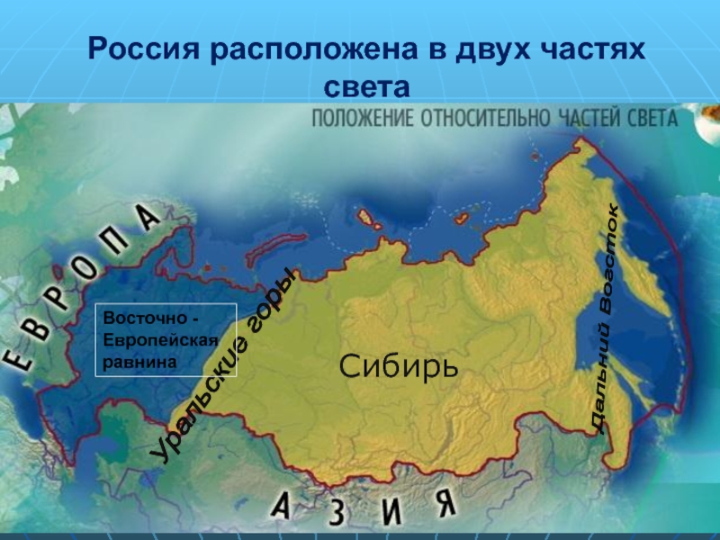 В каком свете находится россия. Части света России. Расположение России на материке. Карта России с частями света. Россия расположена в двух частях света.