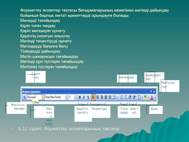 Форматтау аспаптар тақтасы батырмаларының көмегімен мәтінді дайындау бойынша барлық негізгі әрекеттерді орындауға болады: Мәнерді тағайындау  Кқріп