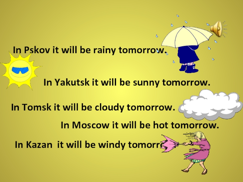 It will probably be raining. Tomorrow it will be Sunny. It will be Sunny сокращенная форма. It will Rain tomorrow. It will not be Rainy сокращенная форма.