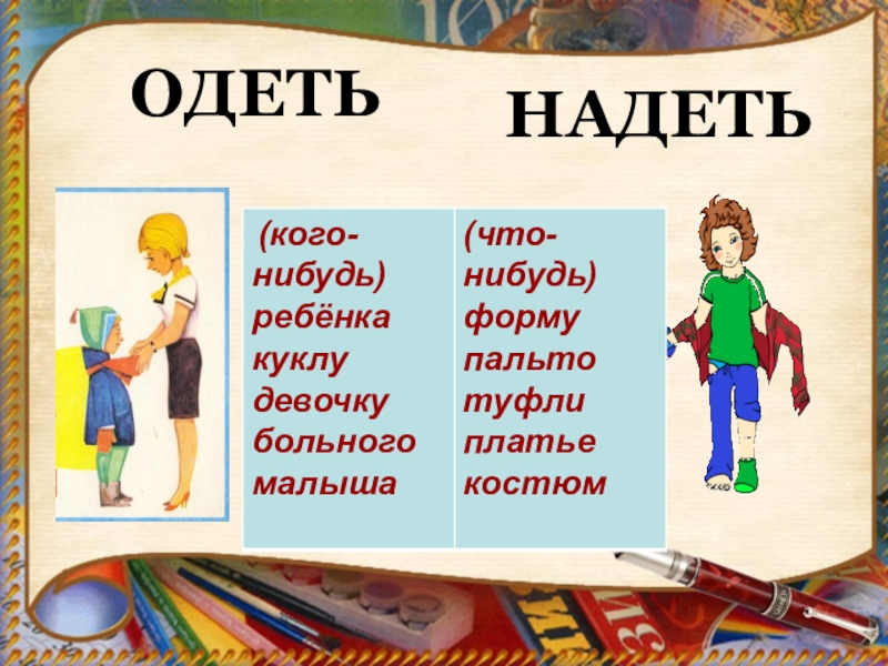 Что тогда надеть. Глагол одеть и надеть. Одеть и надеть разница. Правило написания одеть и надеть. Одеть-надеть правило с примерами.