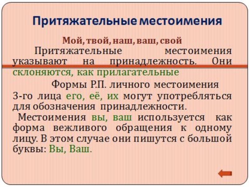 Притяжательные местоимения 6 класс русский язык презентация