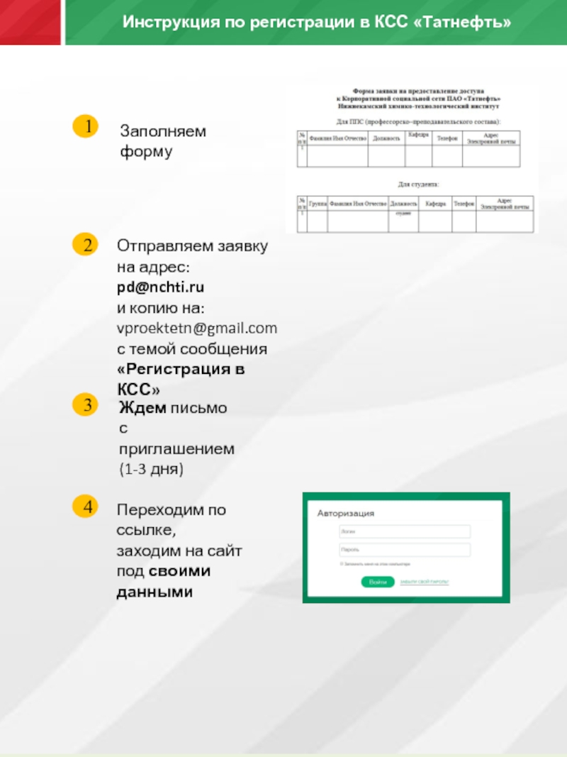 Презентация Инструкция по регистрации в КСС Татнефть
1
Заполняем форму
2
Отправляем