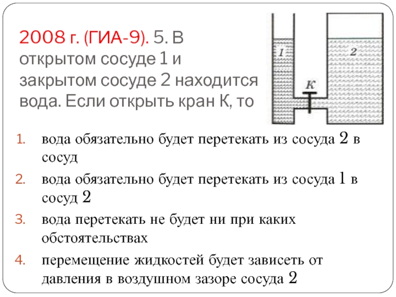 2008 г. (ГИА-9). 5. В открытом сосуде 1 и закрытом сосуде 2 находится вода. Если открыть кран