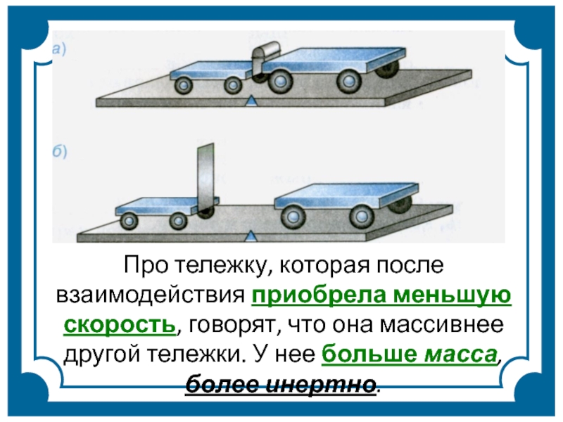 Более инертен. Инерция взаимодействие тел. Скорость после взаимодействия тележек. Взаимодействие тел картинки. Опыт с двумя тележками физика.