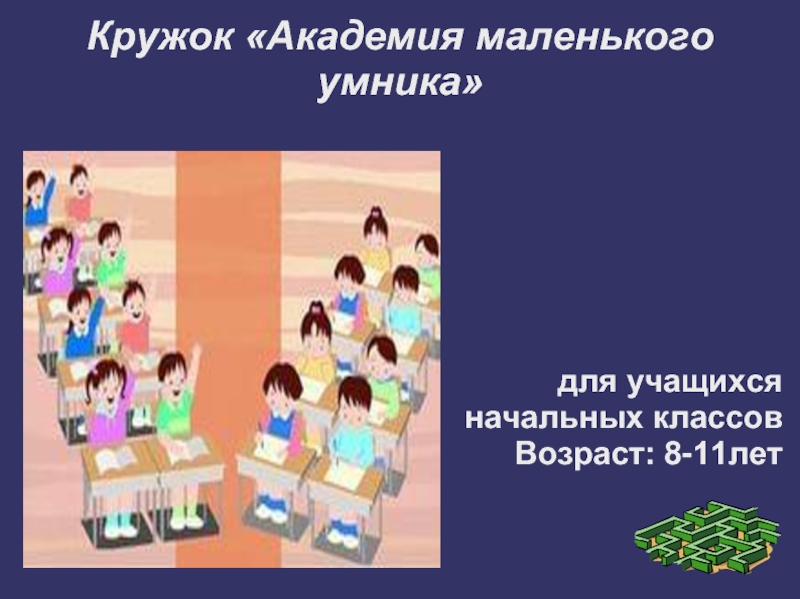 Кружок «Академия маленького умника»для учащихся начальных классов Возраст: 8-11лет