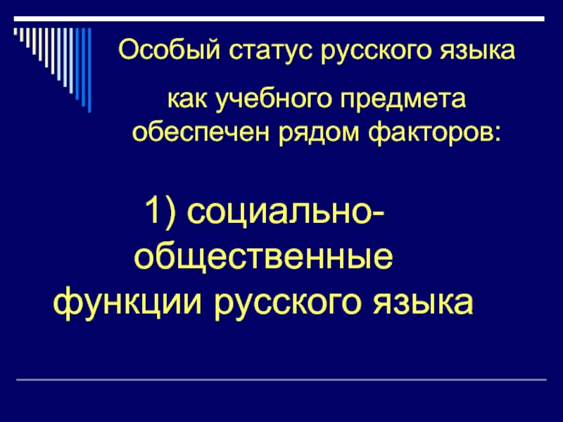 Особый статус русского языка как учебного предмета обеспечен рядом факторов:1) социально-общественные функции русского языка