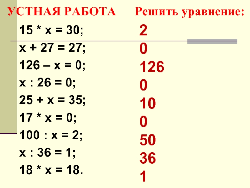 УСТНАЯ РАБОТА   Решить уравнение:15 * х = 30;х + 27 = 27;126 – х =