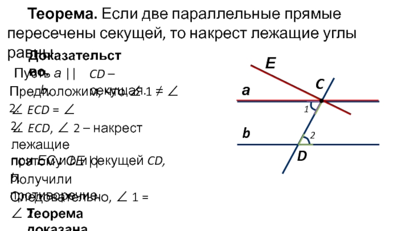 Свойства параллельных прямых о накрест лежащих углах чертеж