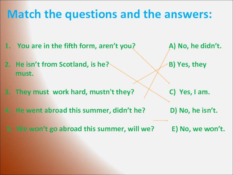 Match the questions and the answers: You are in the fifth form, aren’t you?