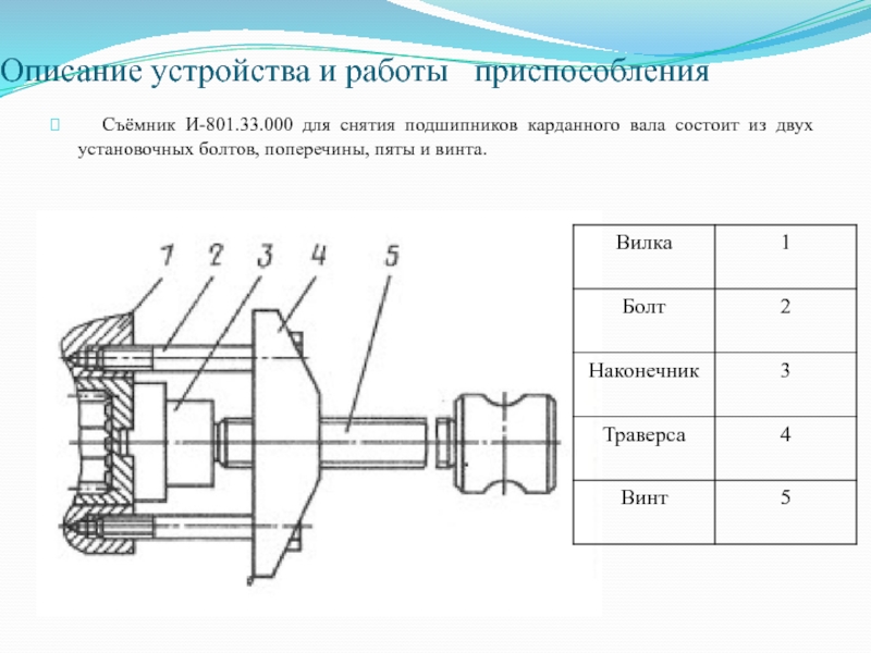 Описать устройство. Съемник подшипников и801.33.000. Описание приспособления. Описание устройства. Съёмник и801.33.000.