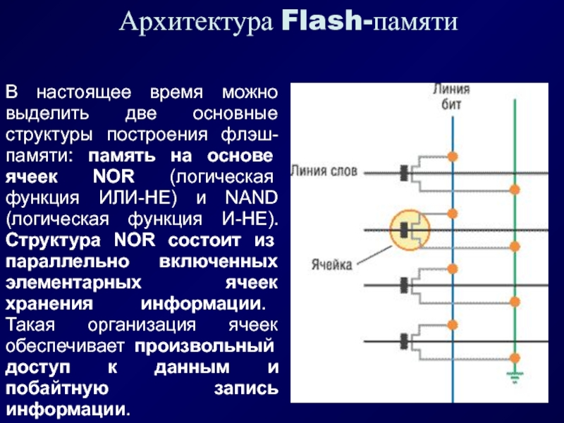 Архитектура Flash-памяти  В настоящее время можно выделить две основные структуры построения флэш-памяти: память на основе ячеек