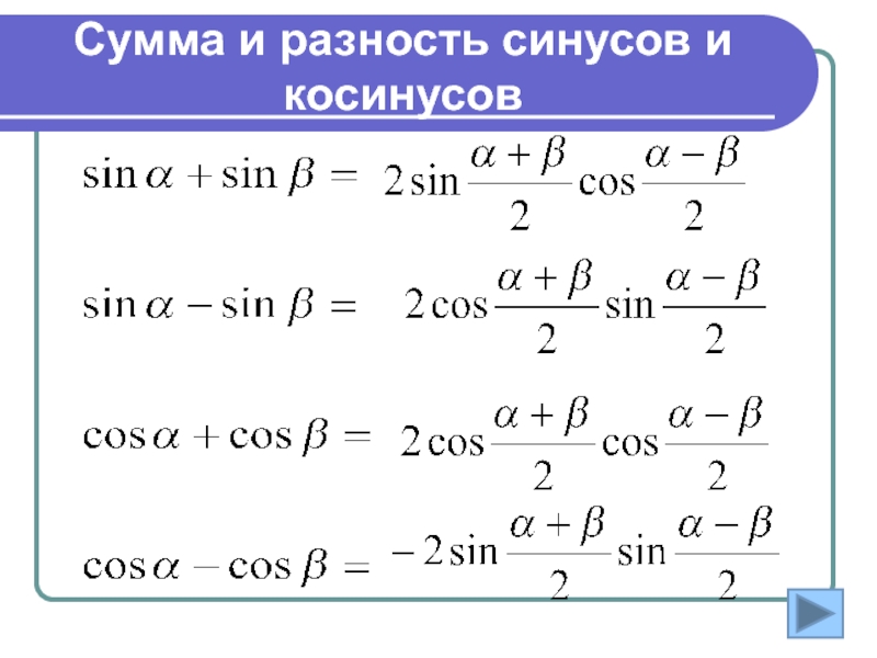 Чему равен синус суммы. Формула суммы и разности синусов косинусов и синусов. Формулы суммы и разности синусов и косинусов. Формулы суммы и разности косинусов. Сумма и разность синусов и косинусов.