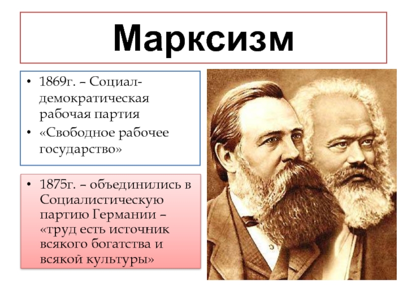 Марксизм 1869г. – Социал-демократическая рабочая партия«Свободное рабочее государство»1875г. – объединились в Социалистическую партию Германии – «труд есть