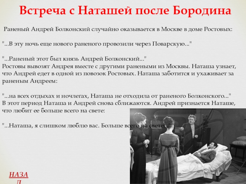 Встреча с Наташей после Бородина Раненый Андрей Болконский случайно оказывается в Москве в доме Ростовых: