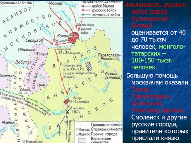 Численность русских войск перед Куликовской битвой оценивается от 40 до 70 тысяч человек, монголо-татарских – 100-150 тысяч