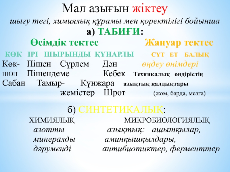 Презентация Мал азығын жіктеу
шығу тегі, химиялық құрамы мен қоректілігі бойынша а) ТАБИҒИ