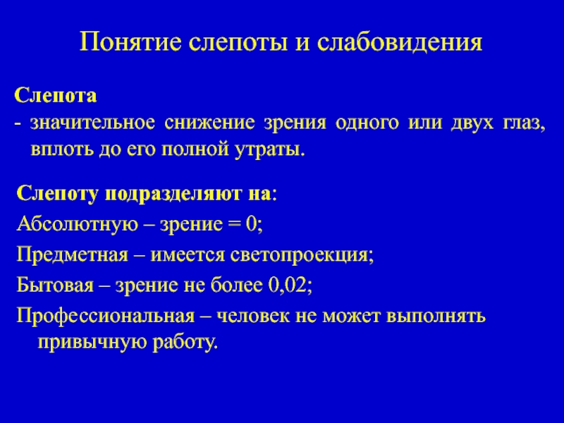 Слепота предложение. Полная потеря зрения термин. Характеристика слепоты. Практическая слепота.