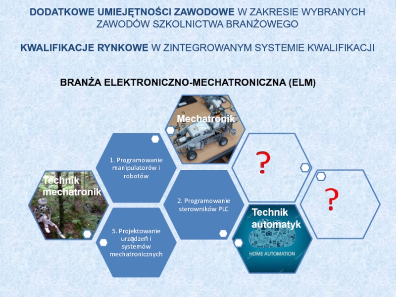 Kwalifikacje rynkowe
a szkolnictwo branżowe DODATKOWE UMIEJĘTNOŚCI ZAWODOWE W ZAKRESIE WYBRANYCH ZAWODÓW SZKOLNICTWA BRANŻOWEGOKWALIFIKACJE RYNKOWE W DODATKOWE UMIEJĘTNOŚCI ZAWODOWE W ZAKRESIE WYBRANYCH ZAWODÓW SZKOLNICTWA BRANŻOWEGOKWALIFIKACJE RYNKOWE W ZINTEGROWANYM SYSTEMIE KWALIFIKACJIBRANŻA ELEKTRONICZNO-MECHATRONICZNA (ELM)MechatronikTechnik mechatronikTechnik