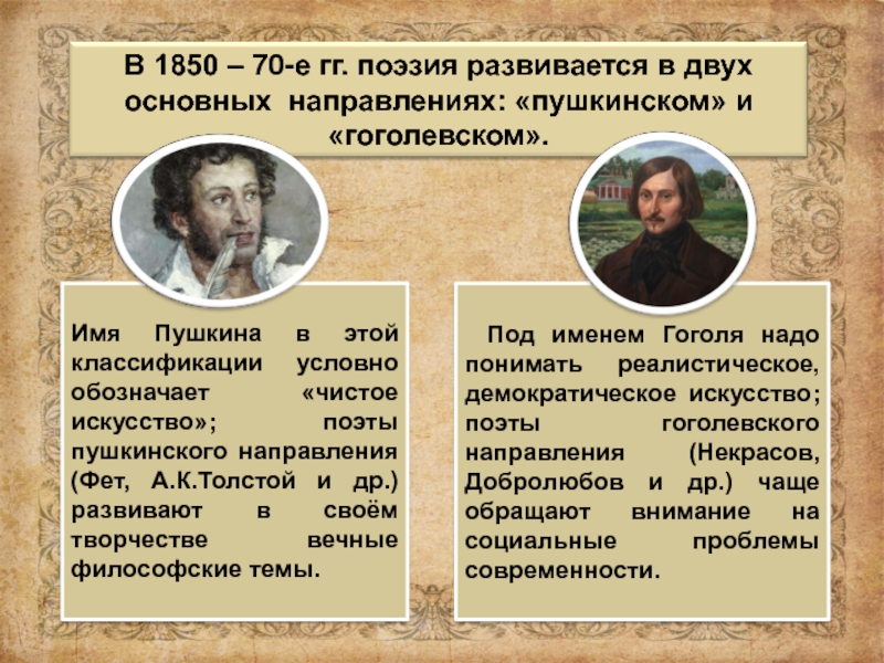 Сочинение по поэзии второй половины 19. Пушкинское и Гоголевское направление. Гоголевское и Пушкинское направление в литературе. Пушкин направление в литературе. Представители Пушкинского направления.