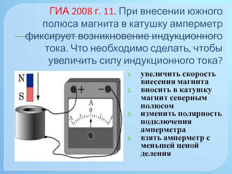 Магнитный е. Катушка магнит амперметр. Внесение магнита в катушку южным полюсом. При внесении магнита в катушку. Вносим магнит в катушку южным полюсом.