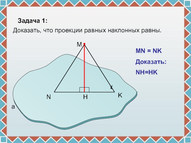 NHMaɣMN = NKДоказать:NH=HKЗадача 1:Доказать, что проекции равных наклонных равны.K