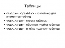 Таблицы … - контейнер для элементов таблиц