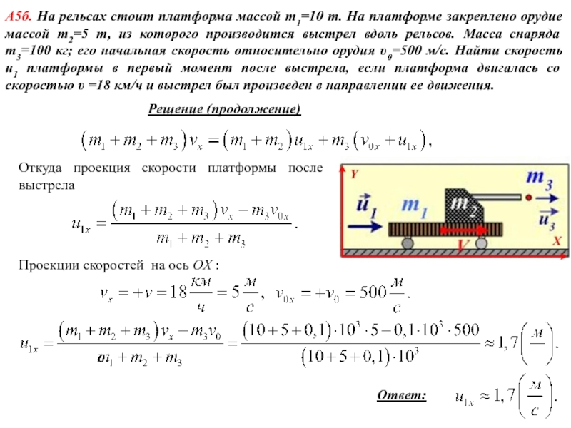 При выстреле в горизонтальном направлении. Масса платформы 10т масса пушки 5т. Пушка стоящая на горизонтальной площадке. На рельсах платформы масса 1 = 10т. Масса снаряда.